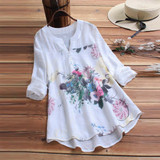 Blouse Women Vintage V-Neck Floral Printing Patch Long Sleeves Top Shirt Dames Blouses Lange Mouwen Chemisier Femme Woman Blouse