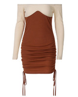Colorblock Off Shoulder Drawing Ruched Bodycon Dress