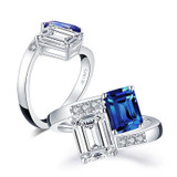 925 Sterling Silver Sapphire Greated Moissanite Emerald Cut Gemstone Wedding Engagement Diamonds Ring