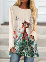 Cartoon Cat Flowers Print Long Sleeve Plus Size T-shirt