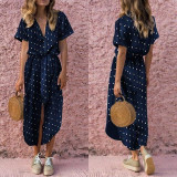 Dress Womens Sexy Casual Daily Bow Tie V Neck Dot Button Dress Short Sleeve Soild Long