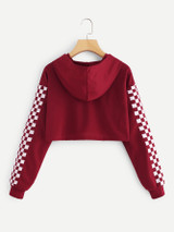 Contrast Checked Sleeve Crop Hoodie