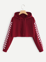 Contrast Checked Sleeve Crop Hoodie
