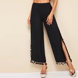 Fringe Trim Slit Hem Wide Leg Pants