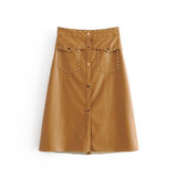 Vintage A Line Solid PU Leather Skirt High Waist