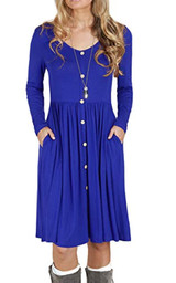 GRECERELLE Women's Long Sleeve Button Casual Plain Swing Dresses Wasp Down A-Line Dress with Pockets