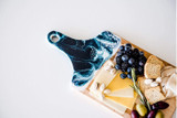 Handmade Resin Accented Cheese Board, Canadian Maple Wood Charcuterie Tray with Unique Handmade Design and Handle (7x14 Navy, White and Metalic)