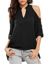 V-neck Shoulder Cutout Loose Chiffon Blouse