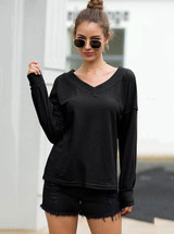 Women V-neck Off Shoulder Lantern Sleeve T-shirt