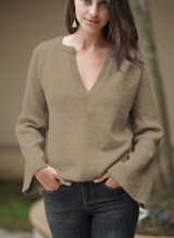 Women V Neck Solid Color Knit Loose Sweater