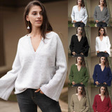 Women V Neck Solid Color Knit Loose Sweater