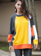 Women Round Neck Contrast Color Knit Loose Sweater
