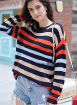 Women Rainbow Stripes Knit Loose Casual Sweater