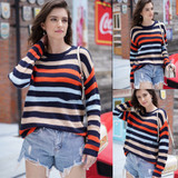 Women Rainbow Stripes Knit Loose Casual Sweater