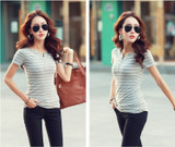 T Shirt Women 2020 Summer Top Shirts V-neck Short Sleeve Casual tshirts White Strip T-Shirt  Plus Size Cotton Tee Shirt Femme #T