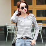 T Shirt Women 2020 Summer Top Shirts V-neck Short Sleeve Casual tshirts White Strip T-Shirt  Plus Size Cotton Tee Shirt Femme #T