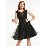 Dressv appliques cocktail dress dark navy scoop neck sleeveless knee length a line beading homecoming short cocktail dresses