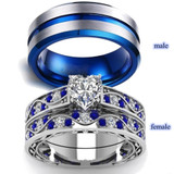 Fashion Couple Ring Blue Men Ring White Heart Rhinestones Zircon Women Ring Sets Wedding Engagement Gift