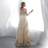 Floral Prom Dresses Walk Beside You Lace 3/4 Sleeves A-line Champagne Belt Empire Waist Long Evening Gowns Vestido De Formatura
