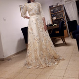 Floral Prom Dresses Walk Beside You Lace 3/4 Sleeves A-line Champagne Belt Empire Waist Long Evening Gowns Vestido De Formatura