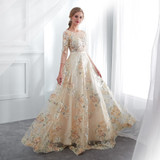 Floral Prom Dresses Walk Beside You Lace 3/4 Sleeves A-line Champagne Belt Empire Waist Long Evening Gowns Vestido De Formatura