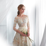 Floral Prom Dresses Walk Beside You Lace 3/4 Sleeves A-line Champagne Belt Empire Waist Long Evening Gowns Vestido De Formatura