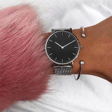 Mavis Hare Silver Color White & Black dial Mesh Women watches Stainless Steel wristwatch with Crystal Cuff Bangle as Gift