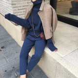 Casual Sweater Pants Knitted 2 Pieces Set Turtleneck Pullovers & Elastic Waist Pants Women Sweater Sets 2019 Autumn Knitted Set