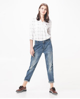 LEIJIJEANS Spring Plus Size Fashion Ripped Hole Bleached Mid Waist Ankle Length Vintage Stretch Loose Harem Women Jeans