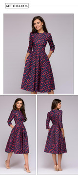 S.FLAVOR Women Elegant A-line Midi Dress Vintage printing party vestidos Three Quarter Sleeve women Slim Autumn Spring Dress