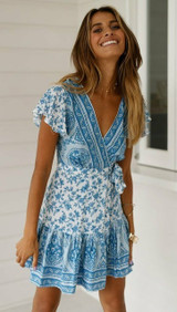 Women Summer Boho Floral Short Sleeve Mini Dress Casual Party Beach Sundress V neck Print Holiday Dresses