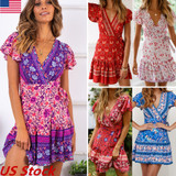 Women Summer Boho Floral Short Sleeve Mini Dress Casual Party Beach Sundress V neck Print Holiday Dresses