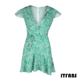 Women's Summer Boho Casual Short Mini Dress Summer Evening Party Deep V neck Beach Floral Dress Sundress