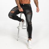 GINGTTO Dark Washed Black Jeans for Men Slim Fit Men’S Denim Jeans Casual Ripped Jeans Men Elastic Waist zm112