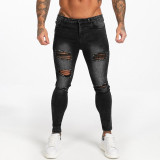 GINGTTO Dark Washed Black Jeans for Men Slim Fit Men’S Denim Jeans Casual Ripped Jeans Men Elastic Waist zm112