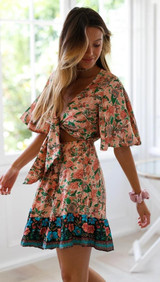New Bohemian Holiday Print Dress Lace-up V-Neck Beach Dress