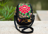 Ethnic Boho Embroidered Vintage Red Flowers Canvas Beach Coin/Phone Bag