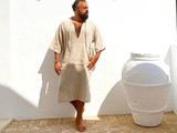 Mens Linen short kaftan, Linen Nightgown for men,