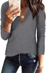 Women's V Neck Waffle Knit Henley Tops