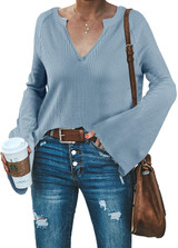 Women's V Neck Waffle Knit Henley Tops