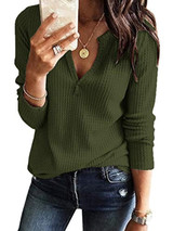 Women's V Neck Waffle Knit Henley Tops