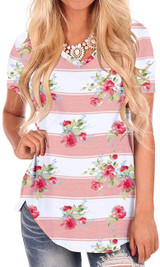 NIASHOT Women's Short Sleeve Loose Casual V-Neck Floral T-Shirt Tops