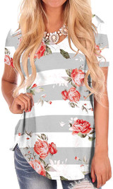 NIASHOT Women's Short Sleeve Loose Casual V-Neck Floral T-Shirt Tops
