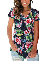 SAMPEEL Women's Basic V Neck Short Sleeve Floral T Shirts