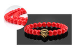 'Lovely' Gold Lion Head Bracelet With Cheerful Red Natural Stone Beads!
