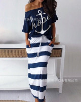 2 piece set women Lounge Wear Hope Boat Anchor Print Off Shoulder T-Shirt Top And Regular Striped Skirt Sets Summer Two Piece