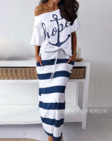 2 piece set women Lounge Wear Hope Boat Anchor Print Off Shoulder T-Shirt Top And Regular Striped Skirt Sets Summer Two Piece