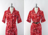 Vintage 60s Hawaiian Style Red Shirt Shift Dress S