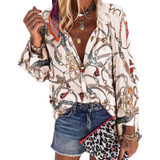 Women Blouse V-neck Long Sleeve Chains Print Loose casual Shirts