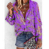 Women Blouse V-neck Long Sleeve Chains Print Loose casual Shirts
